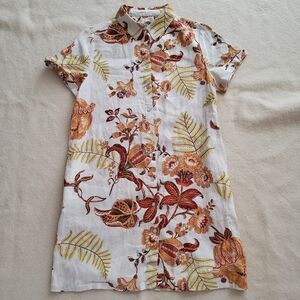 European Flax Floral Shirt Dress Women's Size Medium Pockets